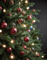 Detailed shot of spruce Christmas tree branches with ornaments and lights, spruce branches, natural elements, evergreen tree