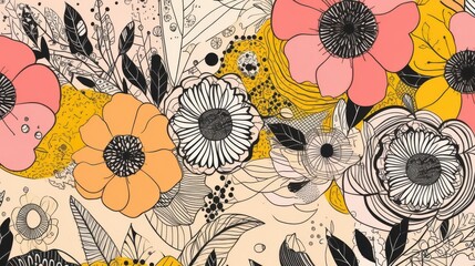 A stylish floral pattern combining abstract summer flowers with geometric accents. Flowers in shades of bright coral, canary yellow, and lavender are paired with circular and rectangular elements.