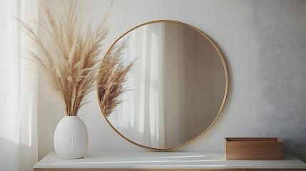 Minimalist vanity setting features oval gold-framed mirror on pure white wall, complemented by white ceramic vase with dried pampas grass and wooden jewelry box in Scandinavian style.