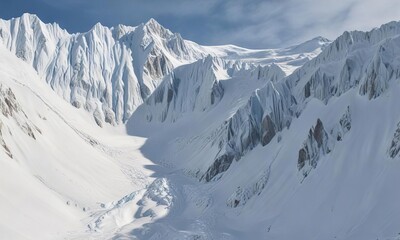 Glacial features on alaskan mountain slopes such as seracs and bergschrund, frozen landscape, glacial geology, glacier
