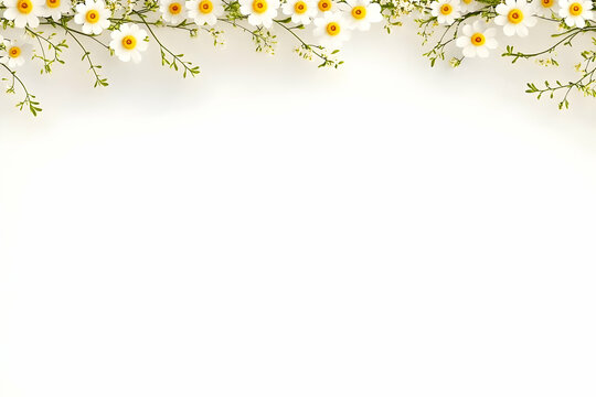 White daisies border on white background; spring floral design for greeting cards, invitations or website banners