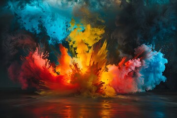 A dynamic explosion of vibrant colors, primarily red, orange, yellow, and blue, creates a swirling, chaotic, yet beautiful abstract art piece. The colors mix and blend, suggesting energy and motion.