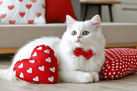 Adorable white cat in heart-themed living room cozy home environment romantic vibes