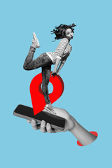 Composite sketch image design trend artwork collage of huge smartphone display geo point location young woman stand kiss grimace walk