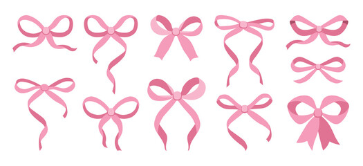 Simple hand drawn pink ribbon bow collection. Bowknot for decoration, big set of bowtie. Large retro ribbon illustration set. Set of various cartoon bow knots, gift ribbons. Valentines day, love sign 
