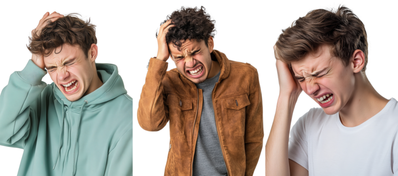 Young Men Grimacing in Discomfort While Holding Their Heads in Different Settings for Emotional Expression Themes