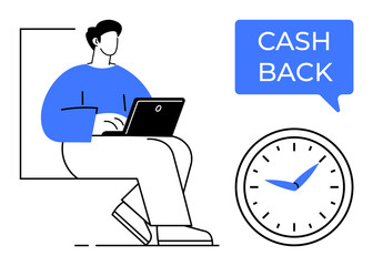 Person seated with a laptop, next to a clock and a CASH BACK balloon. Ideal for themes of time management, online shopping, smart investments, personal finance, productivity, savings, financial