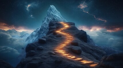 Fototapeta premium Majestic Mountain Pathway Illuminated by a Glowing Trail under Starry Night Sky with clouds and celestial Bodies in the Background