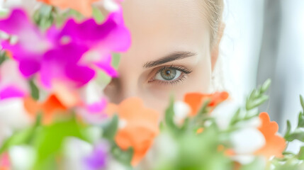 Woman's eyes peering through colorful flowers, bright background, beauty and nature concept, ideal for cosmetics or skincare advertising