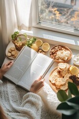 Cozy scene with hands holding book near sunlit window, snacks su