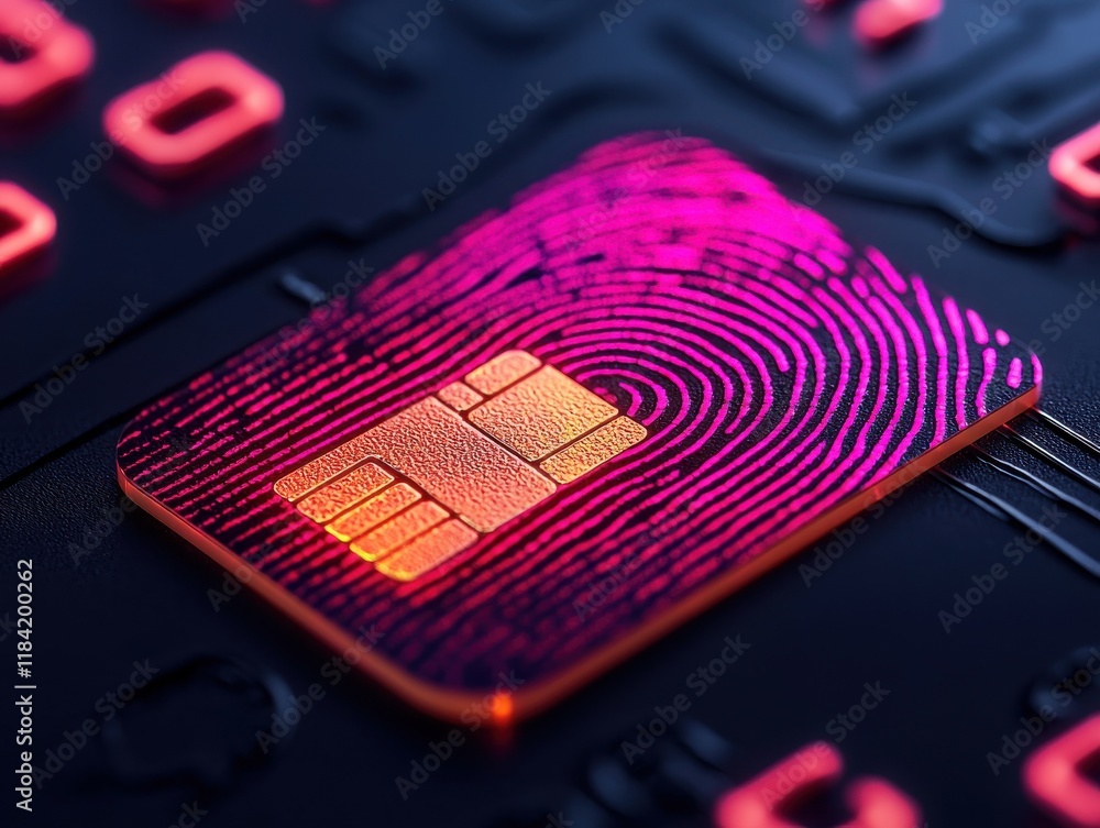 Poster a close-up of a sim card featuring a fingerprint design, symbolizing security and technology integra