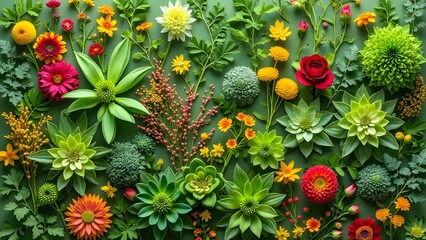 Vibrant Green Floral Composition, Artistic Arrangement of Colorful Flowers and Succulents
