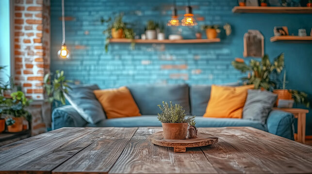 Minimalist wooden table with empty surface against a backdrop of a cozy living room interior, featuring blue walls, soft furnishings, and natural light. Ideal for product placement or advertising desi