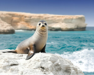 Naklejka premium Young sea lion posing on coastal rock, ocean background, sunny day, wildlife photography