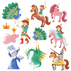 set of funny cartoon kinhgdom, princess, prince, dragon, horse, and peak.