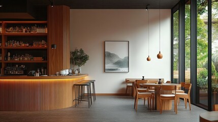 Modern and Stylish Interior of a Coffee Shop Featuring Wooden Furniture and Scenic Artwork