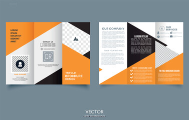 Orange trifold brochure with triangles.