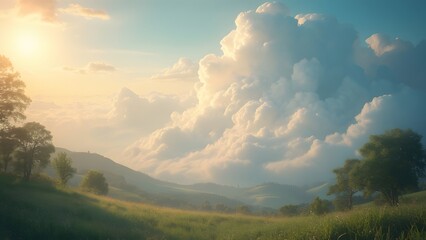 Obraz premium Serene Heavenly Landscape, Breathtaking Fluffy White Clouds, Warm Sunlight, Lush Greenery, Rolling Hills, Divine Spiritual Atmosphere, Peaceful Tranquil Hopeful Scene