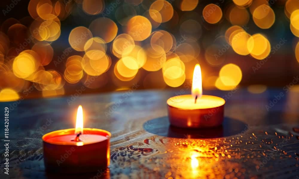 Poster Two candles burning with bokeh background of warm lights