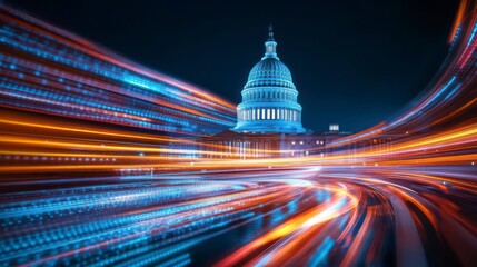 Night's Embrace: Capitol under a vibrant, speeding light trail.