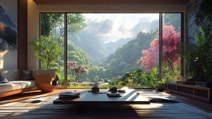 Fototapeta premium A three-dimensional rendering of a modern living area with a garden outlook.There are large windows that overlook the surrounding environment and garden.