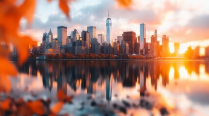 Obraz premium Fiery Sunset Hues Paint City Skyline Reflection