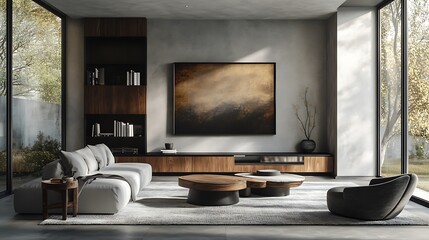 Frame mockup in a modern living room, grey walls, black and white furniture, subtle accents of wood, and minimalist decor