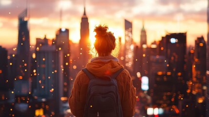 Golden Hour Cityscape: A lone figure silhouetted against a breathtaking sunset over the urban sprawl.