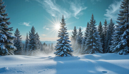 Naklejka premium Snow-covered pine trees under bright winter sun