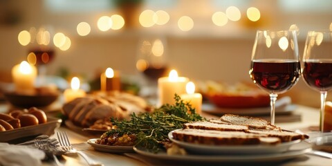 Elegant dinner gathering with wine cozy home setting food photography romantic ambiance close-up view culinary delight