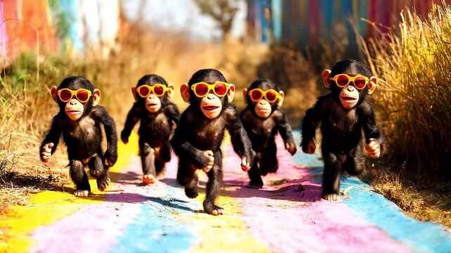 a group of adorable apes wear sunglasses walking in the nature