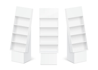 Four shelf side display with base mockup for sale point. Vector illustration on a white background. Can be use for template your design, promotion, advertising. EPS10.	