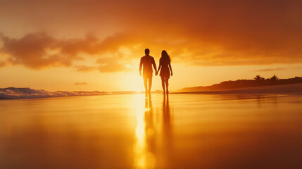 Couple walking hand in hand beach sunset romantic scene serene environment side view love and connection