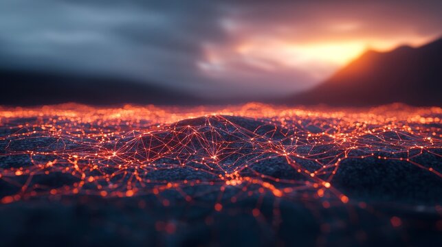 Glowing network of lines spreading across a landscape, symbolizing the expanding reach of digital transformation.