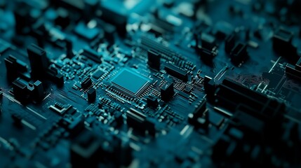 Close-up view of a microchip on a circuit board, showcasing technology and innovation.