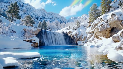 Majestic Winter Waterfall  Snow Covered Mountains  Blue Water