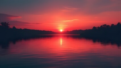 Fototapeta premium Vibrant Red Sunset over Serene Lake, Minimalist Landscape Photography