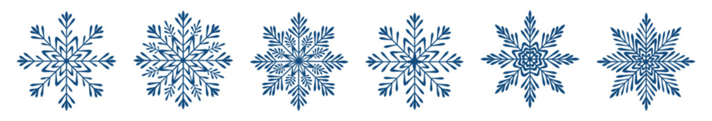 Set of dark blue snowflakes in cartoon style. Vector illustration of cute winter snowflakes of different shapes isolated on white background. Holiday. New Year. Christmas. Snowfall.