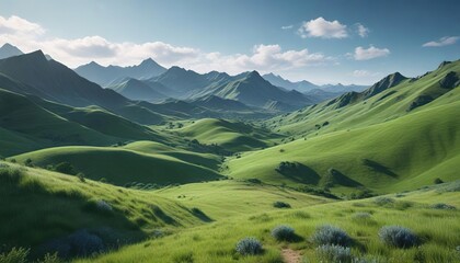 Obraz premium A serene vastness of undulating hills in shades of blue and green, peaceful, color palette