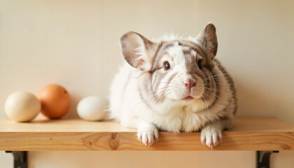 Obraz premium Fluffy chinchilla relaxing on wooden shelf in simple room, pet bond