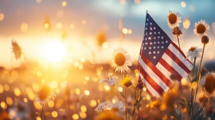 American flag stands tall amidst wildflowers bathed in sunset's golden glow.
