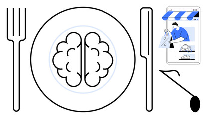 Brain on plate with fork and knife suggests intellectual nourishment. Smartphone with shopping scene emphasizes digital consumption. Key themes knowledge, technology, learning, consumerism
