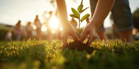 Planting young trees for a sustainable future community park environmental action outdoor setting close-up view eco-consciousness