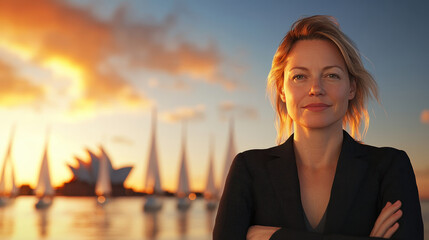 Empowering woman at sunset sydney portrait urban close-up confidence and inspiration