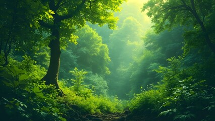 Obraz premium Lush Green Forest Path, Vibrant Nature Scene with Sunlight Filtering Through Canopy