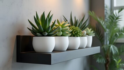 Elegant Succulents in White Terracotta Pots on Black Floating Shelf - Modern Home Decor