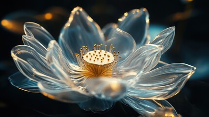 Glass Lotus flower, abstract floral glassmorphism wallpaper, translusent and luminous effect on dark background