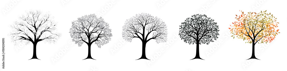 Poster set of elegant tree silhouette shapes in various seasons styles and colors minimalist abstract and n