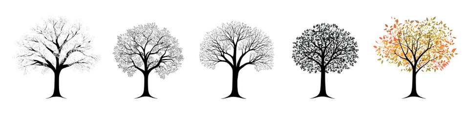 Fototapeta premium Set of elegant tree silhouette shapes in various seasons styles and colors Minimalist abstract and natural tree suitable for backgrounds logos icons and decorative designs