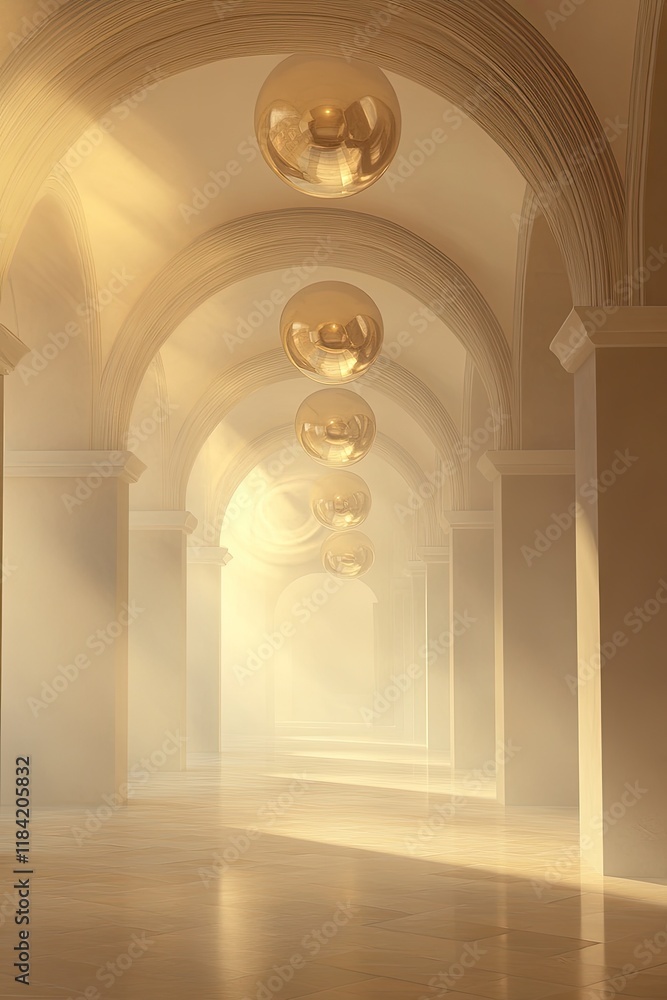 Poster soft light filters through elegant arches, creating serene and i